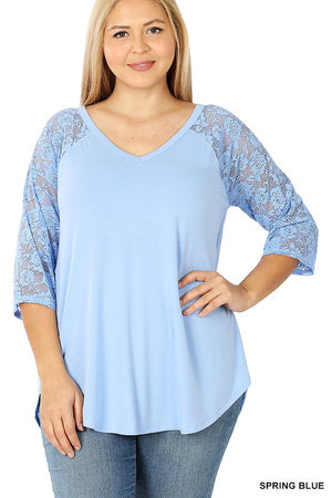 Curvy - Poly Knit Top with Lace Sleeves (Blue)