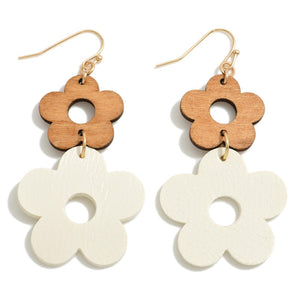 Wood and Leather Flower Earrings