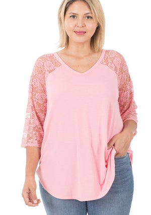 Curvy - Poly Knit Top with Lace Sleeves (Pink)