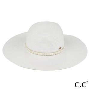 Straw Sun Hat with Pearl Trim Band