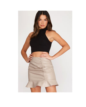 Faux Leather Ruched Ruffle Mini Skirt